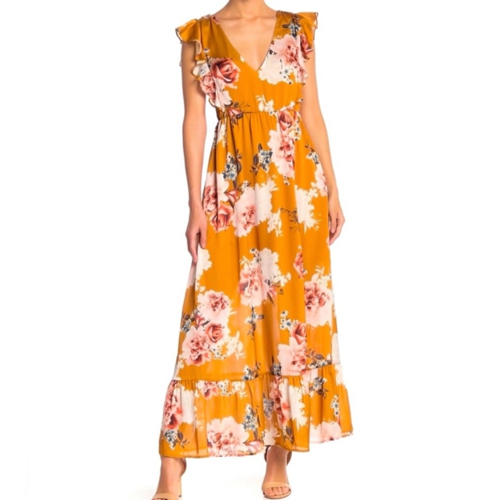 Free Press Orange Floral Ruffle Sleeve Maxi Dress